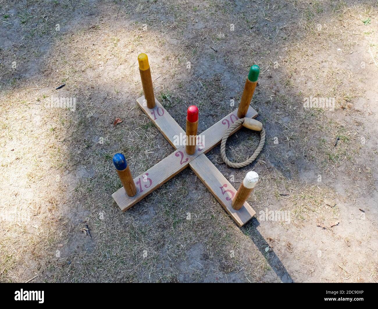 Wooden games with rope throwing. Classic rings toss hoopla, outdoor