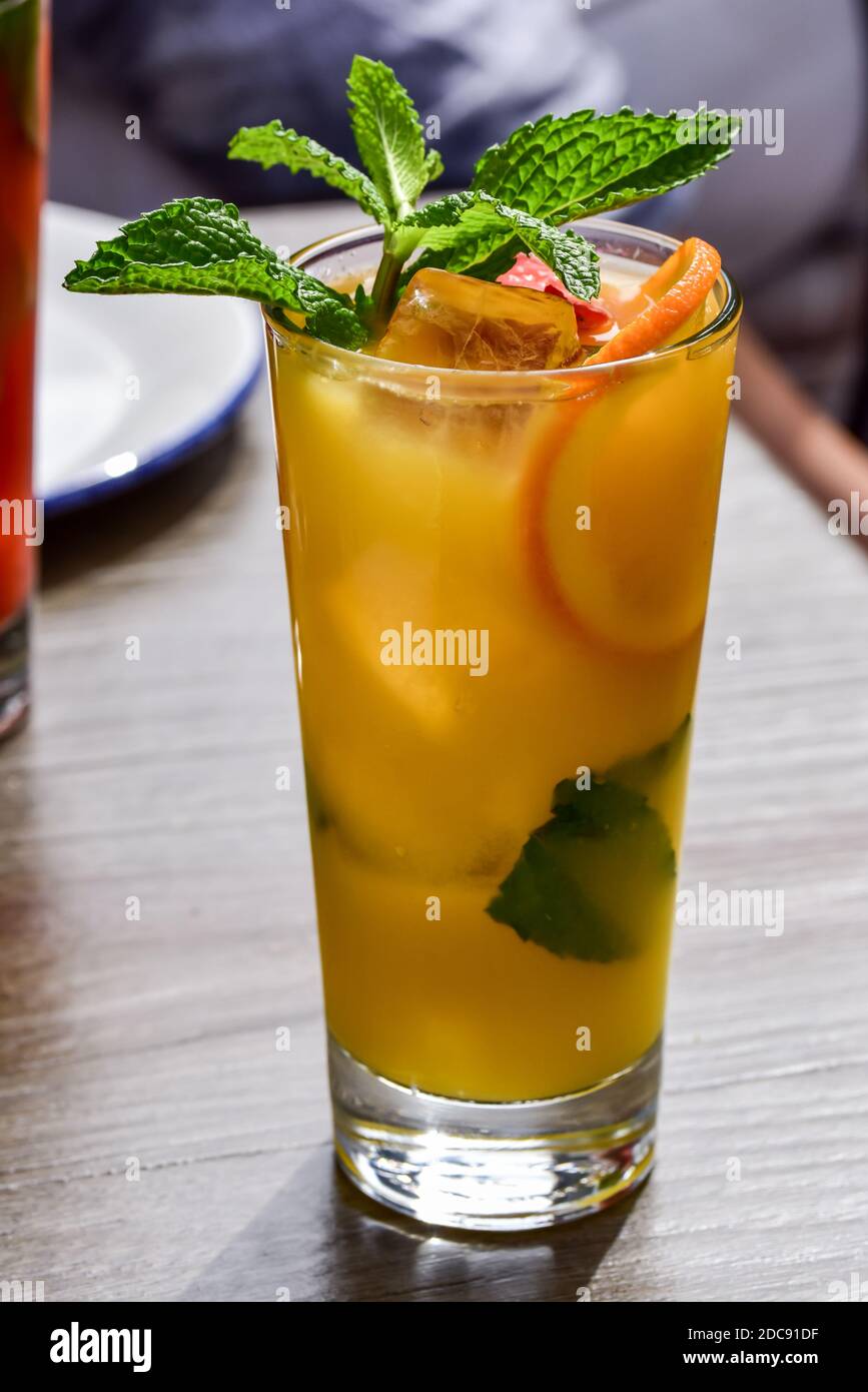 morning breakfast summer mimosa cocktail drink in glass at a restaurant Stock Photo