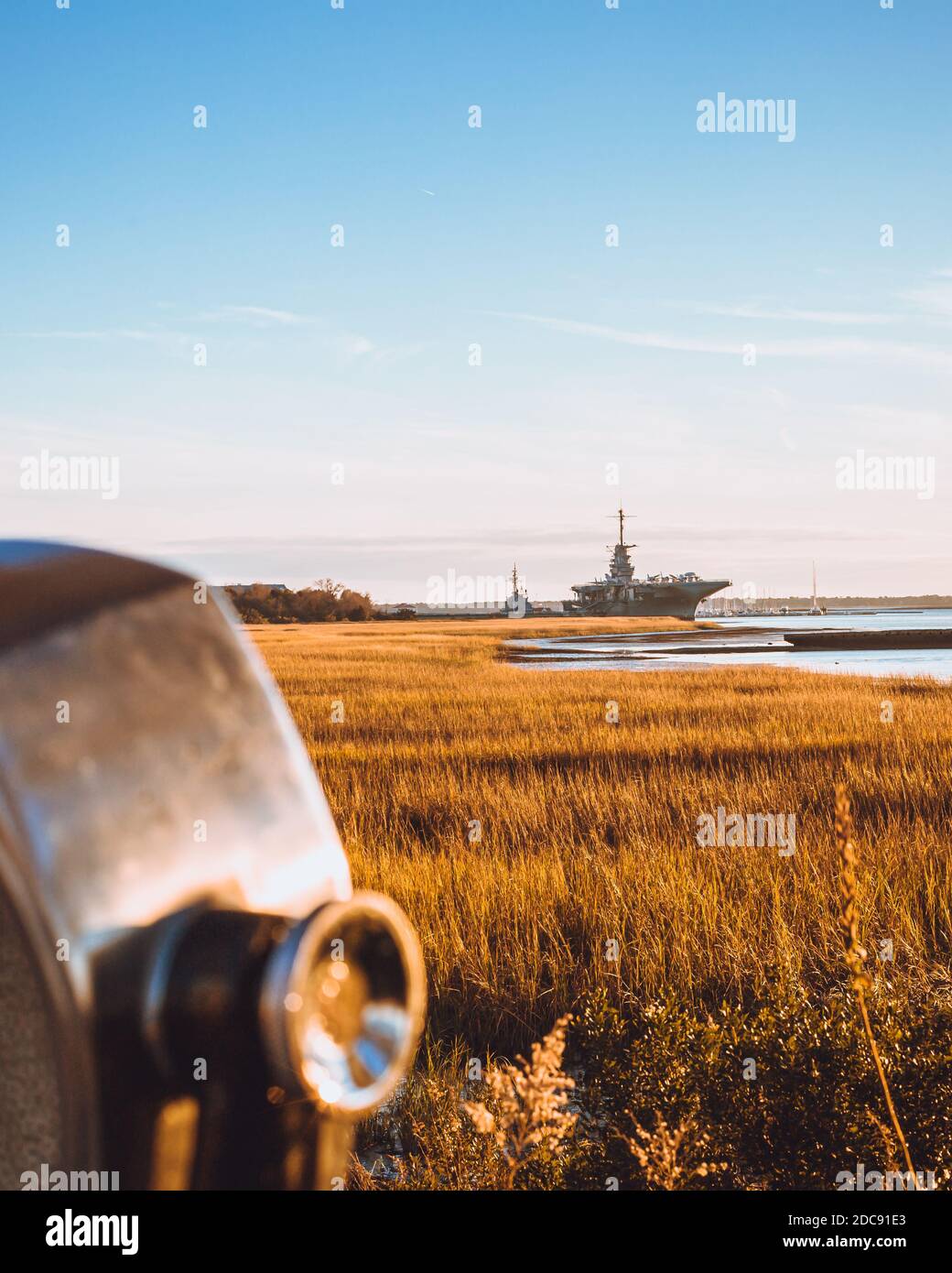 World War II aircraft carrier USS Yorktown, docked in Charleston, SC behind tower viewer binoculars Stock Photo