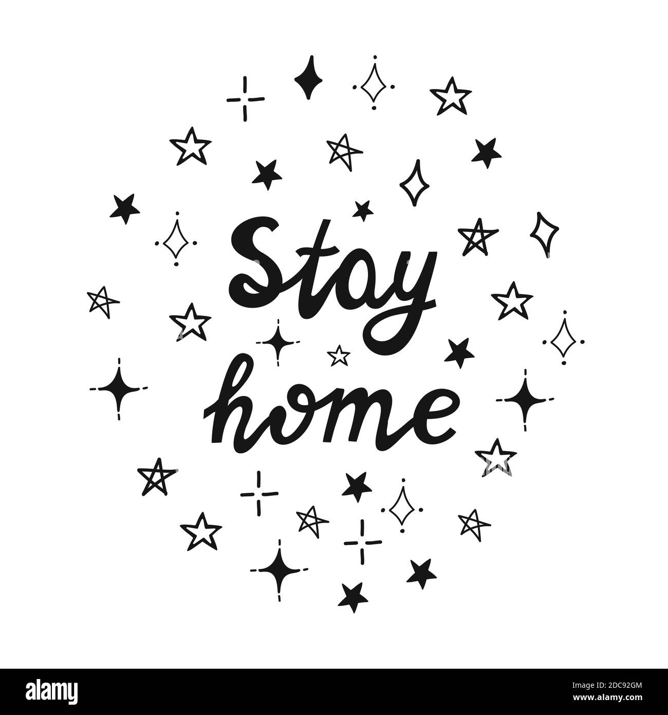 Stay home lettering with doodle stars. Stock Vector