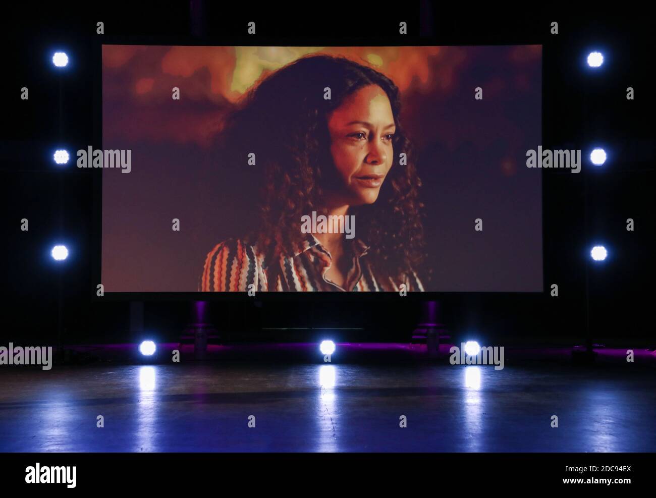 EDITORIAL USE ONLY Thandie Newton speaks on screen at The 2020 Booker
