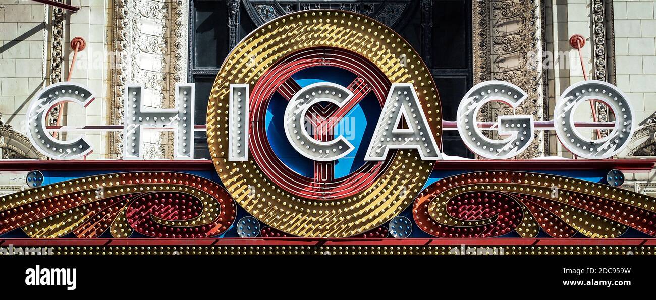 Historical and vintage neon light marquee sign theater and music venue in Chicago Stock Photo
