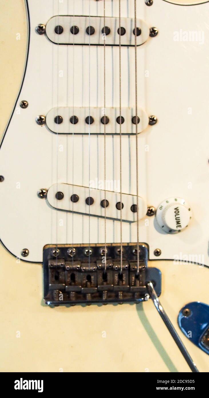close-up view of classic rock and roll guitar and strings Stock Photo