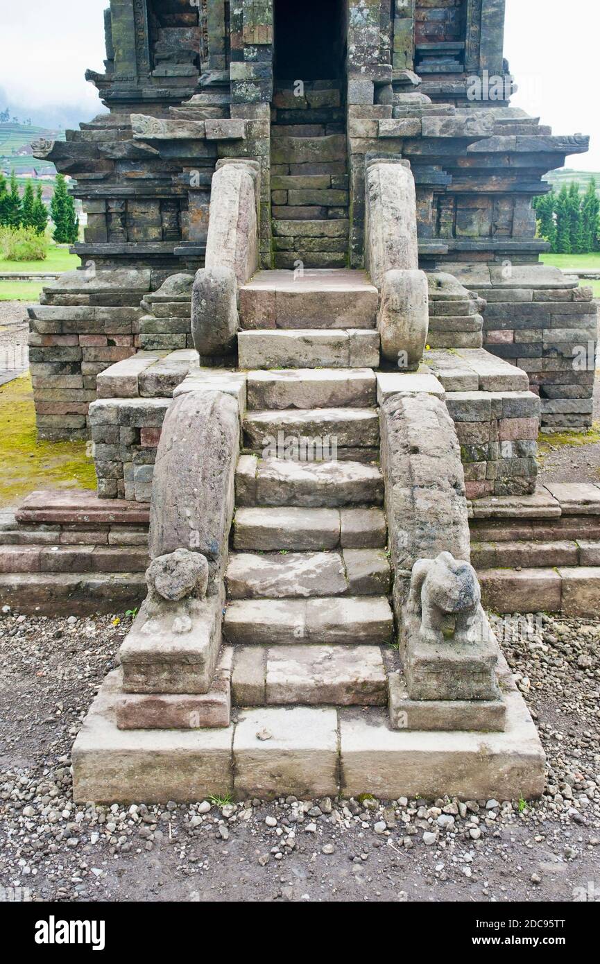 Temple steps at Candi Arjuna Hindu Temple Complex, Dieng Plateau, Central Java, Indonesia, Asia, Asia Stock Photo