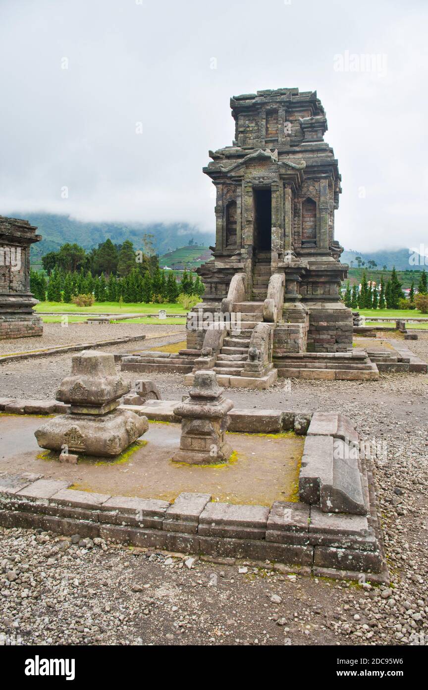 Ruins of a temple at Candi Arjuna Hindu Temple Complex, Dieng Plateau, Central Java, Indonesia, Asia, Asia Stock Photo