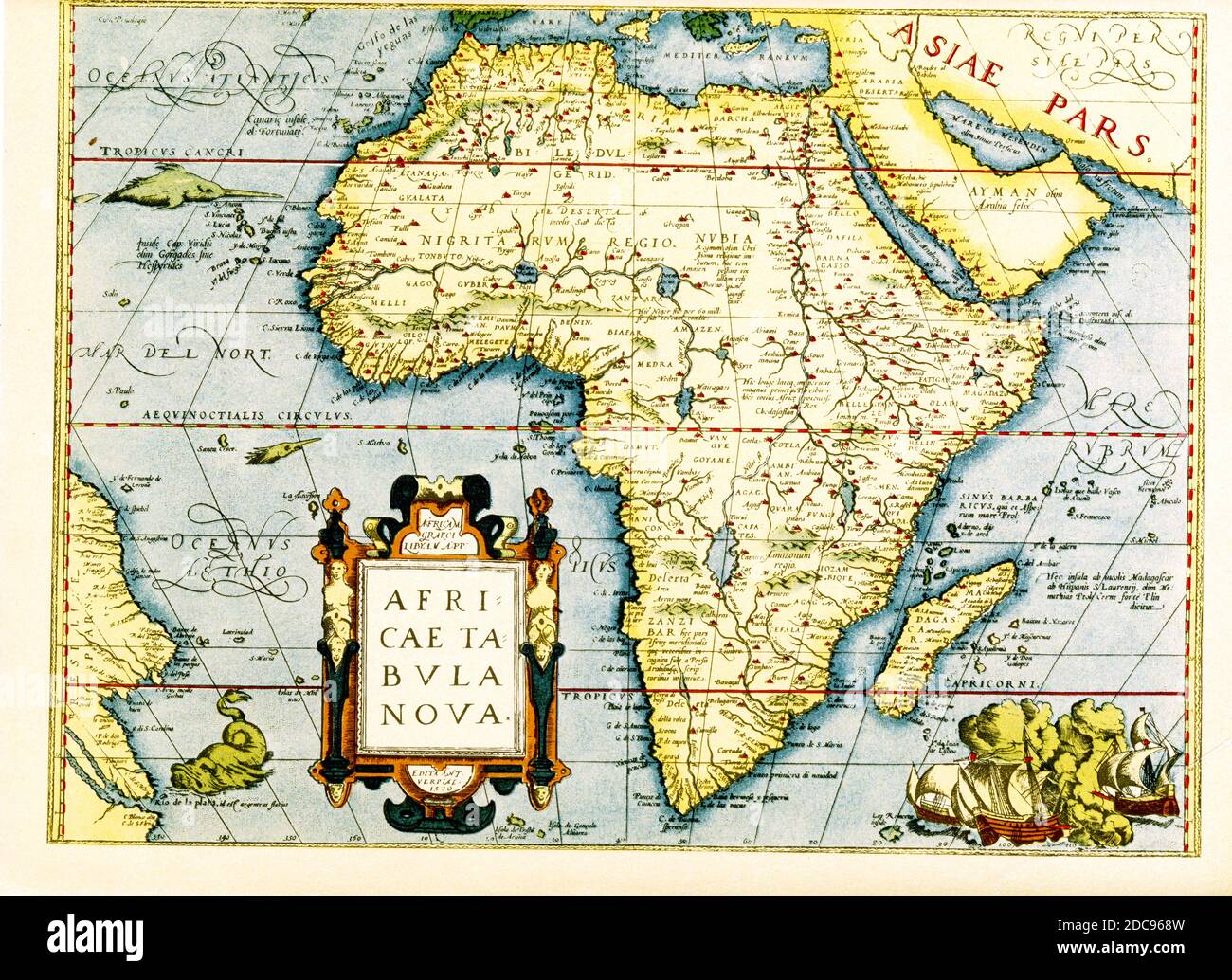 Map of Africa - the inset in lower left titles it: Africa tabula Nova. Below that is the date 1570 and the place Antwerp. The cartographer is Abraham Ortelius, a Dutch cartographer, geographer, and cosmographer, conventionally recognized as the creator of the first modern atlas, the Theatrum Orbis Terrarum. Stock Photo