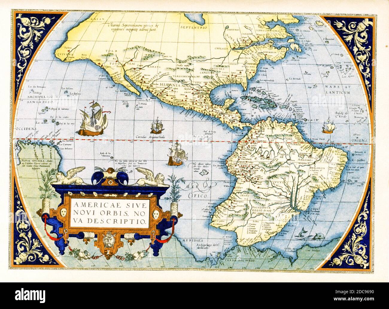 Abraham Ortelius’s map of the Americas — Americae sive Novi Orbis, Nova Descriptio.   Originally published in 1570, the first plate of this map was based off of Gerard Mercator’s multi-sheet map of the world from 1569. Engraved by Frans Hogenberg, this became one of the most famous influential maps of the New World and the basis for a great deal of future cartography of the Americas.  Abraham Ortelius (1527-1598) was a Dutch cartographer, geographer, and cosmographer, conventionally recognized as the creator of the first modern atlas, the Theatrum Orbis Terrarum. Stock Photo