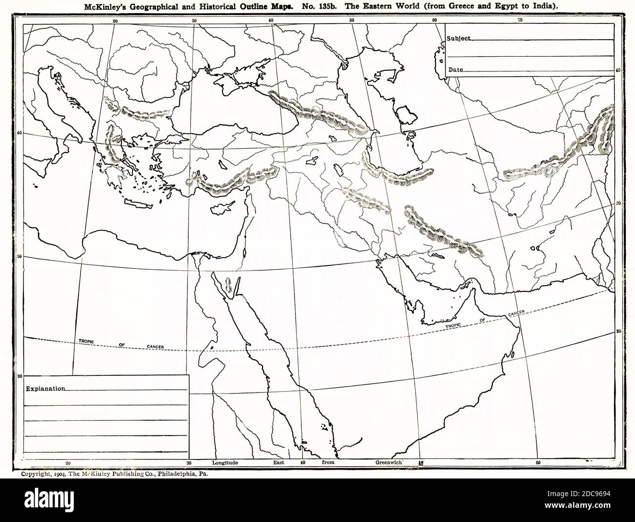 This geographical and historical outline map shows the Eastern world from Greece to Egypt to India. Stock Photo