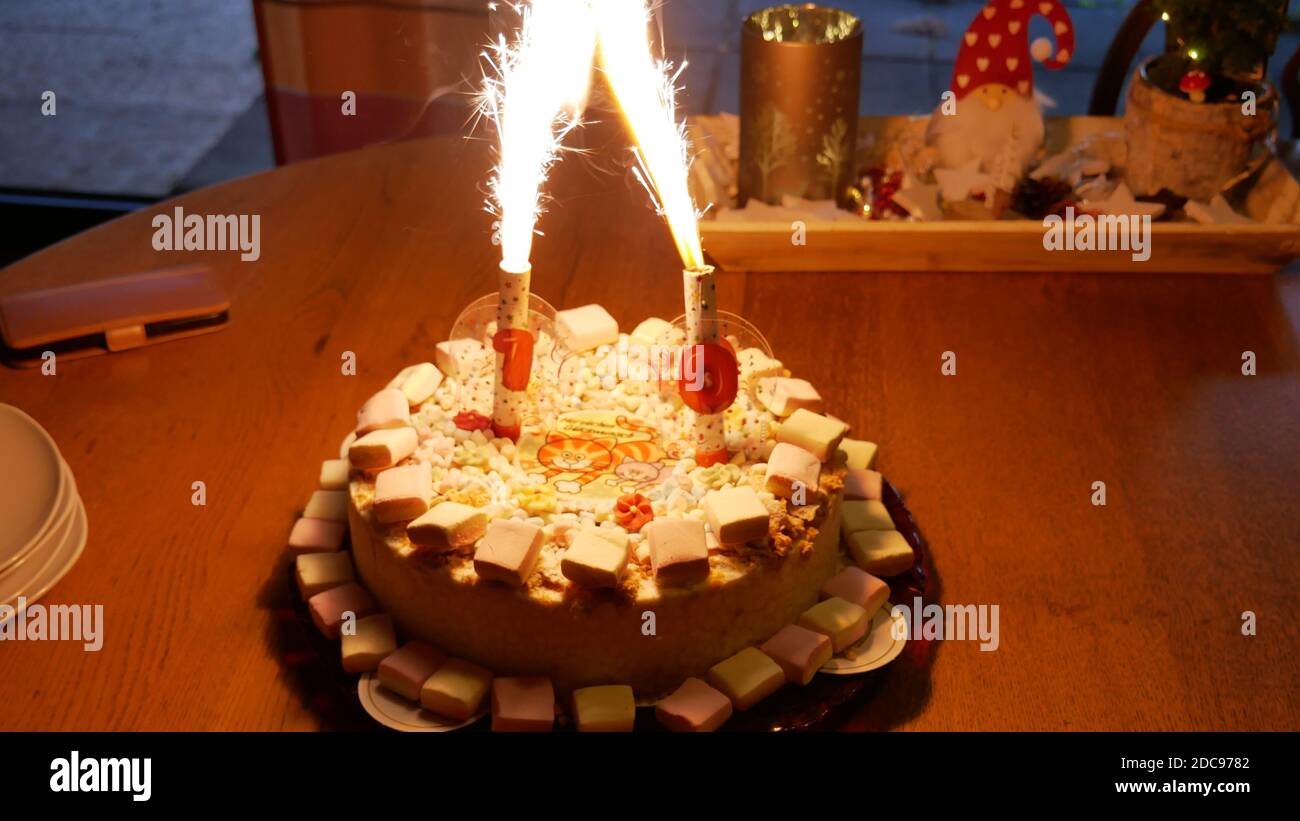 White birthday cake 10 years for kids with exploding fireworks or table ...
