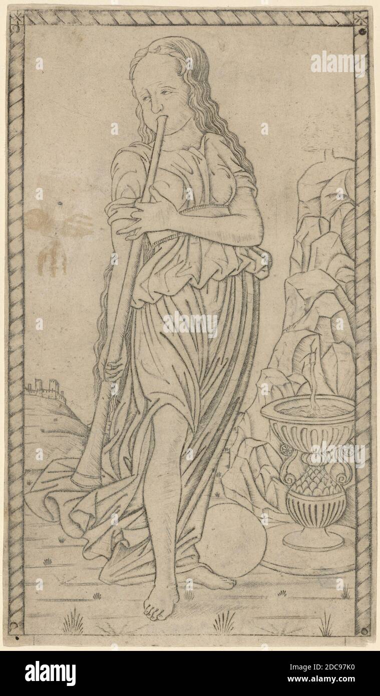 Master of the E-Series Tarocchi, (artist), Ferrarese, active c. 1465, Caliope (Calliope), E-Series (Apollo and the Muses): no.XI, (series), c. 1465, engraving, sheet: 17.2 x 10 cm (6 3/4 x 3 15/16 in Stock Photo