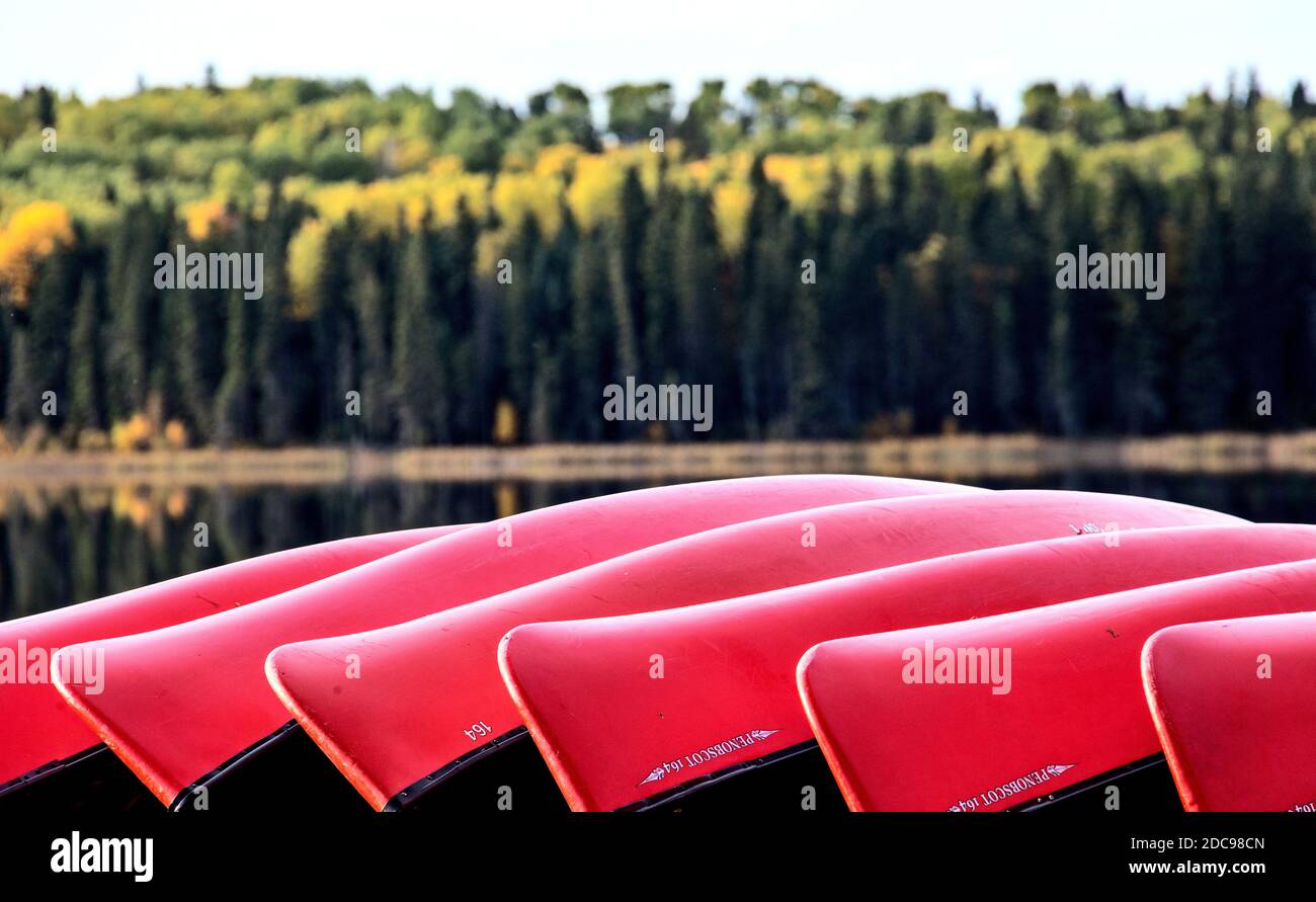 Autumn Northern Saskatchewan wilderness prestine canoe rack Stock Photo ...