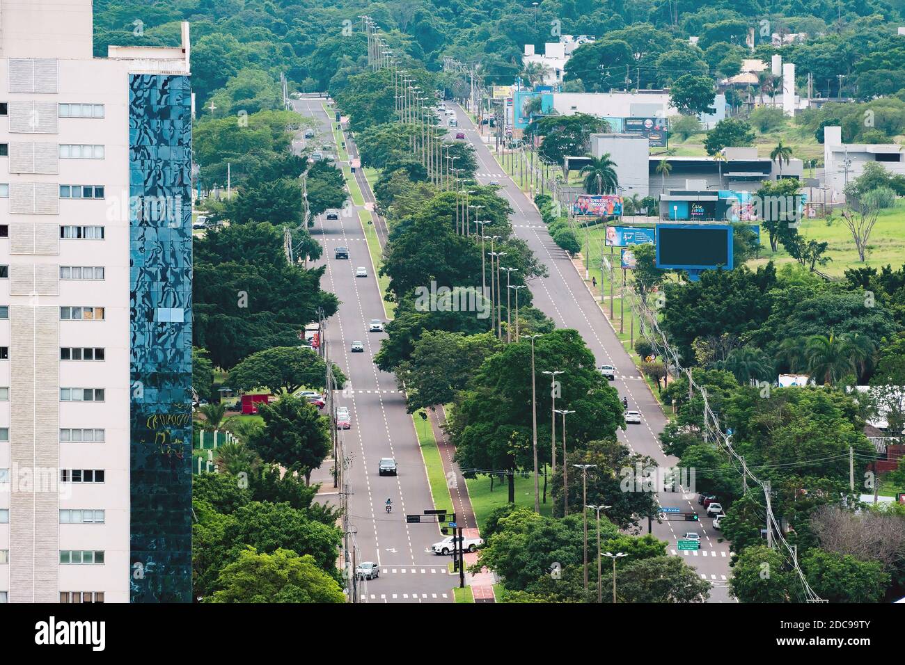 Campo Grande - MS, Brazil - november 12, 2020: Aerial view of the highs of the Afonso Pena avenue and the Parque dos Poderes park on the background. Stock Photo