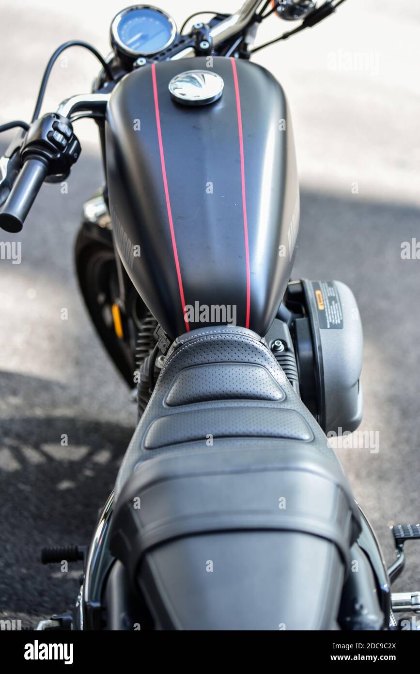 empty vintage black motorcycle seat and steering wheel Stock Photo