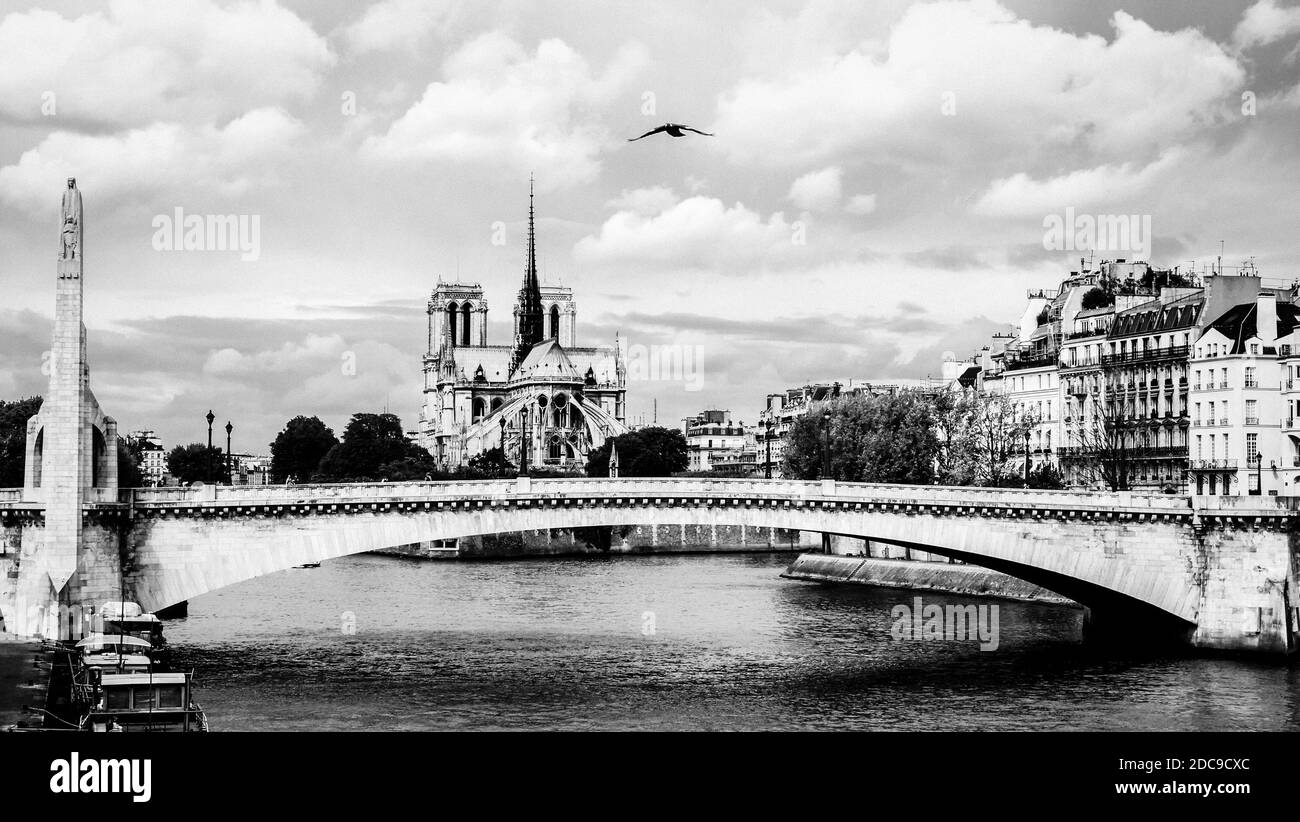 bridge over river Seine with Notre Dame Cathedral in the background Stock Photo