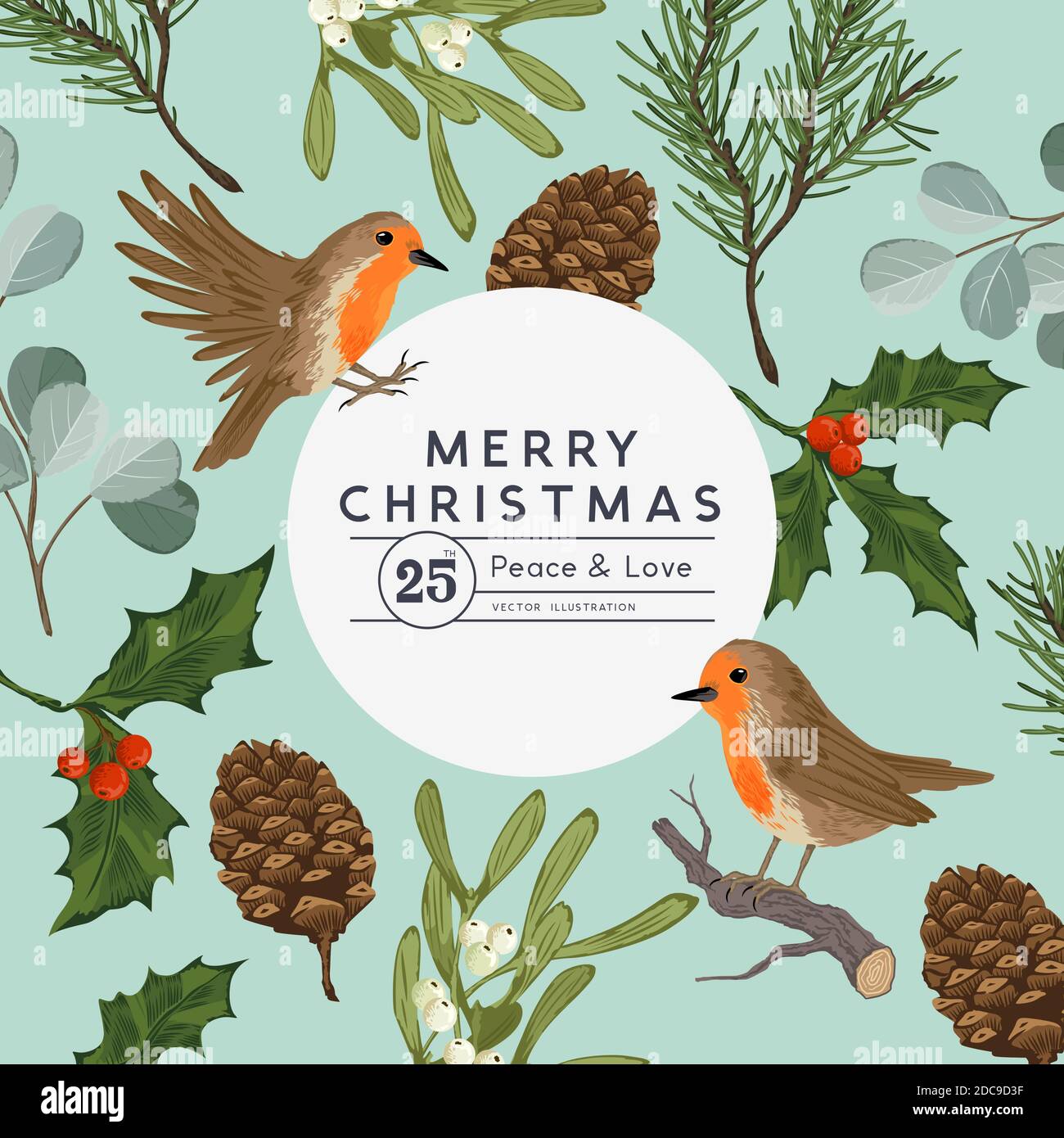Vintage floral christmas layout desing with robin birds and seasonal plants including mistletoe and pine. Vector illustration. Stock Vector