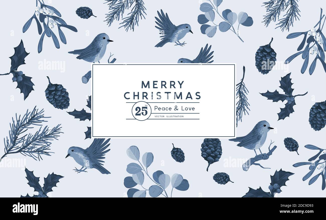 A vintage natural christmas pattern card design with birds and floral plant elements. Vector illustration Stock Vector