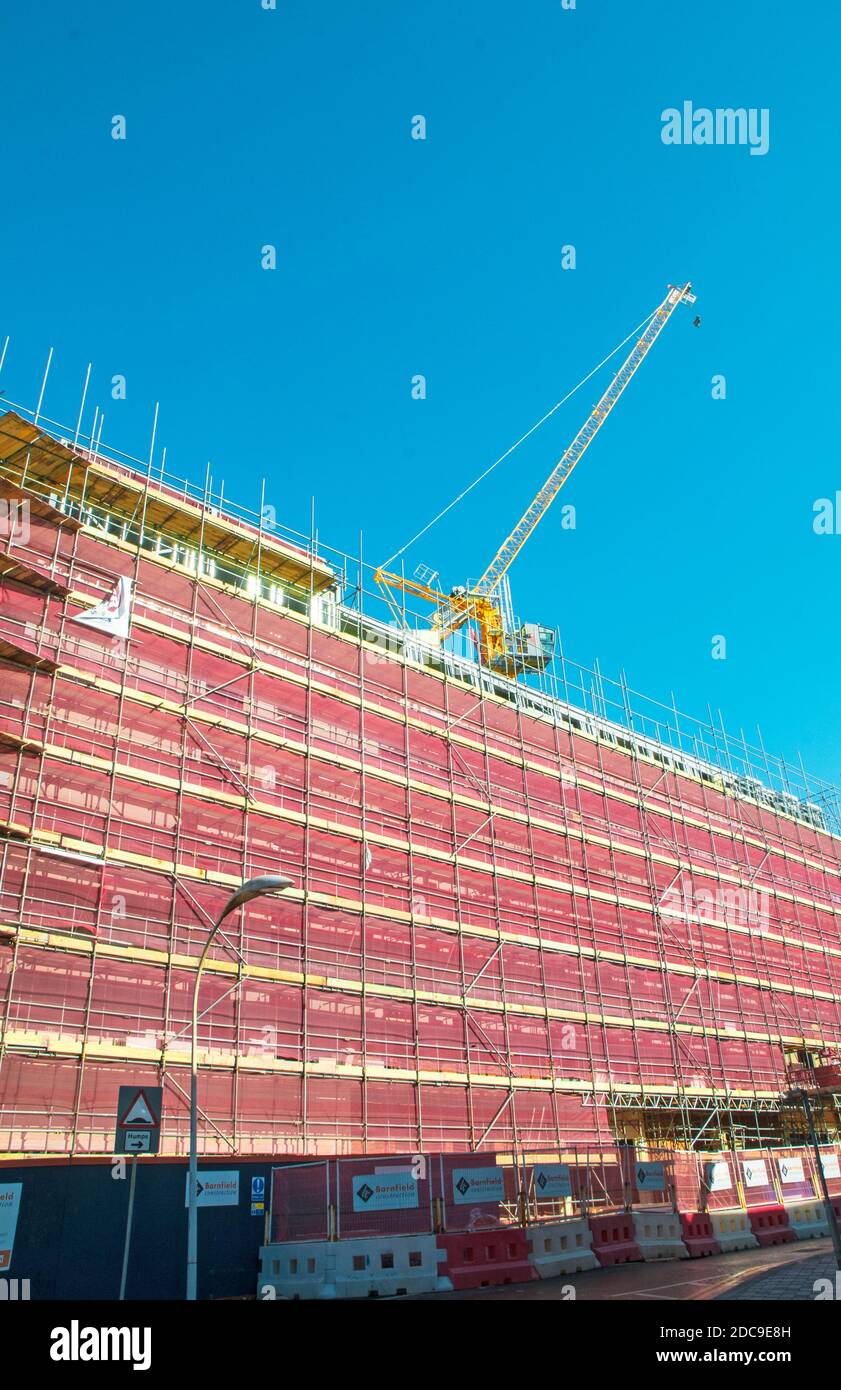 Protective covering on new Premier Inn whilst it is being completed on site of Yate's Wine Lodge that burnt down in Blackpool Lancashire England UK Stock Photo