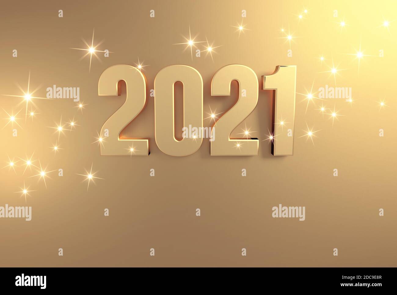 New year date 2021 colored in gold, on a festive golden background - 3D illustration Stock Photo