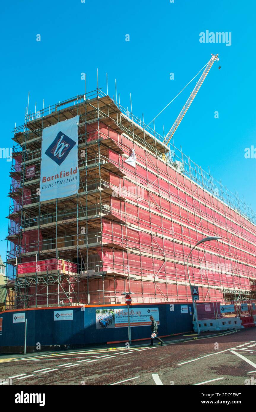 Protective covering on new Premier Inn whilst it is being completed on site of Yate's Wine Lodge that burnt down in Blackpool Lancashire England UK Stock Photo