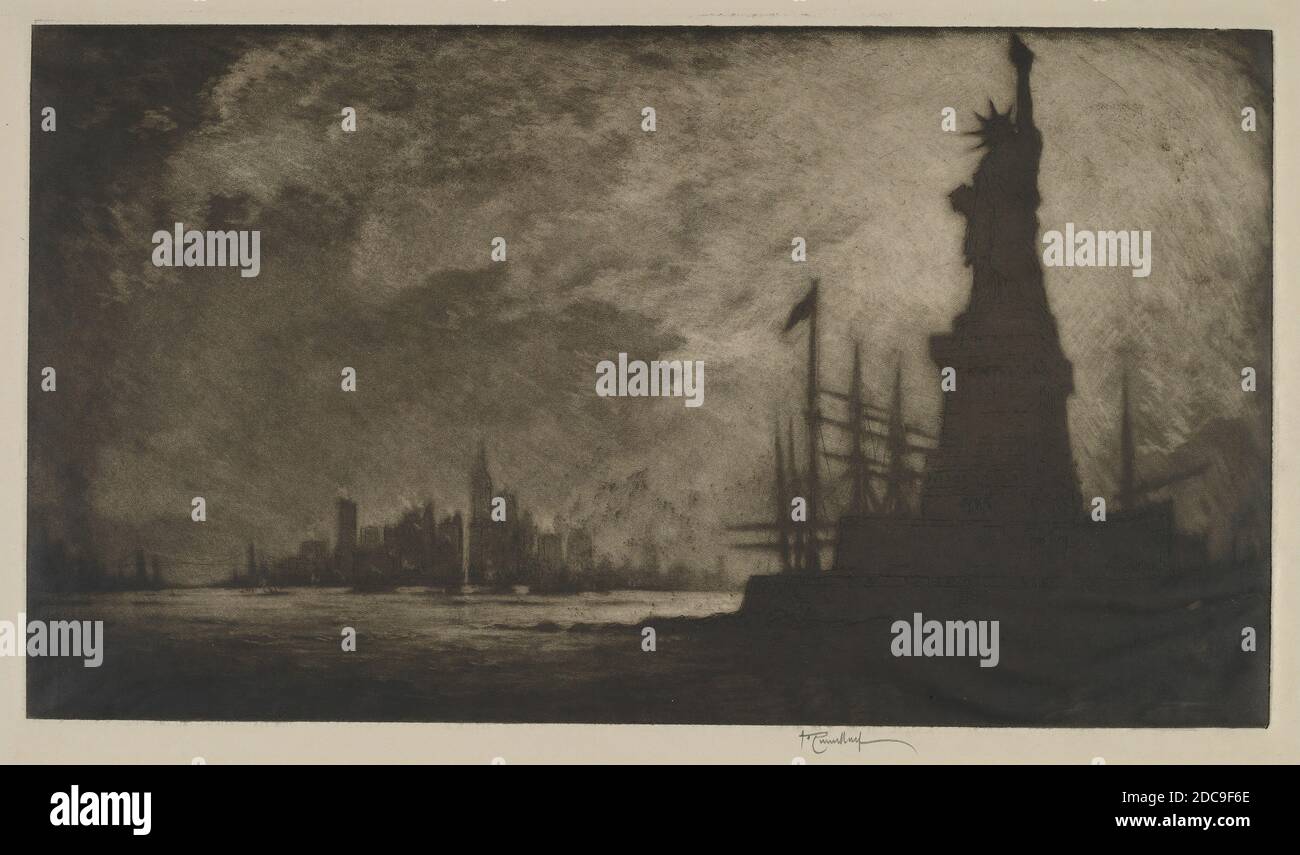 Joseph Pennell, (artist), American, 1857 - 1926, Hail America, 1908, mezzotint, plate: 21.27 × 38.1 cm (8 3/8 × 15 in.), sheet: 27.94 × 43.18 cm (11 × 17 in Stock Photo