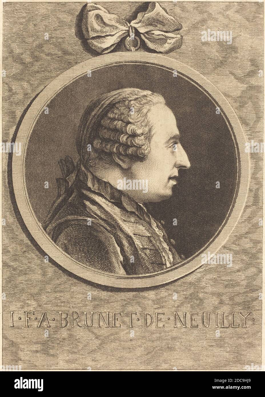 Charles-Nicolas Cochin II, (artist), French, 1715 - 1790, I.F.A. Brunet de Neuilly, etching on laid paper, sheet (trimmed within plate mark): 19.6 x 14.5 cm (7 11/16 x 5 11/16 in Stock Photo