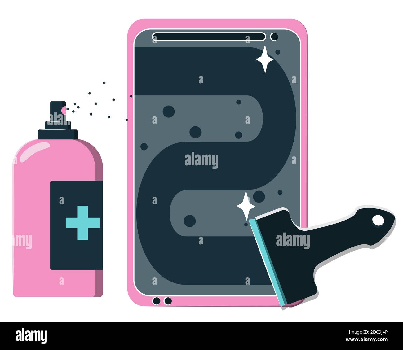 Smartphone desinfection concept bright illustration. Alcohol sanitizer spray, clean mobile touch screen, scraper. Flat cartoon isolated vector. Virus prevention hygienic rules. Keep gadget bacteries free and safe. Stock Vector