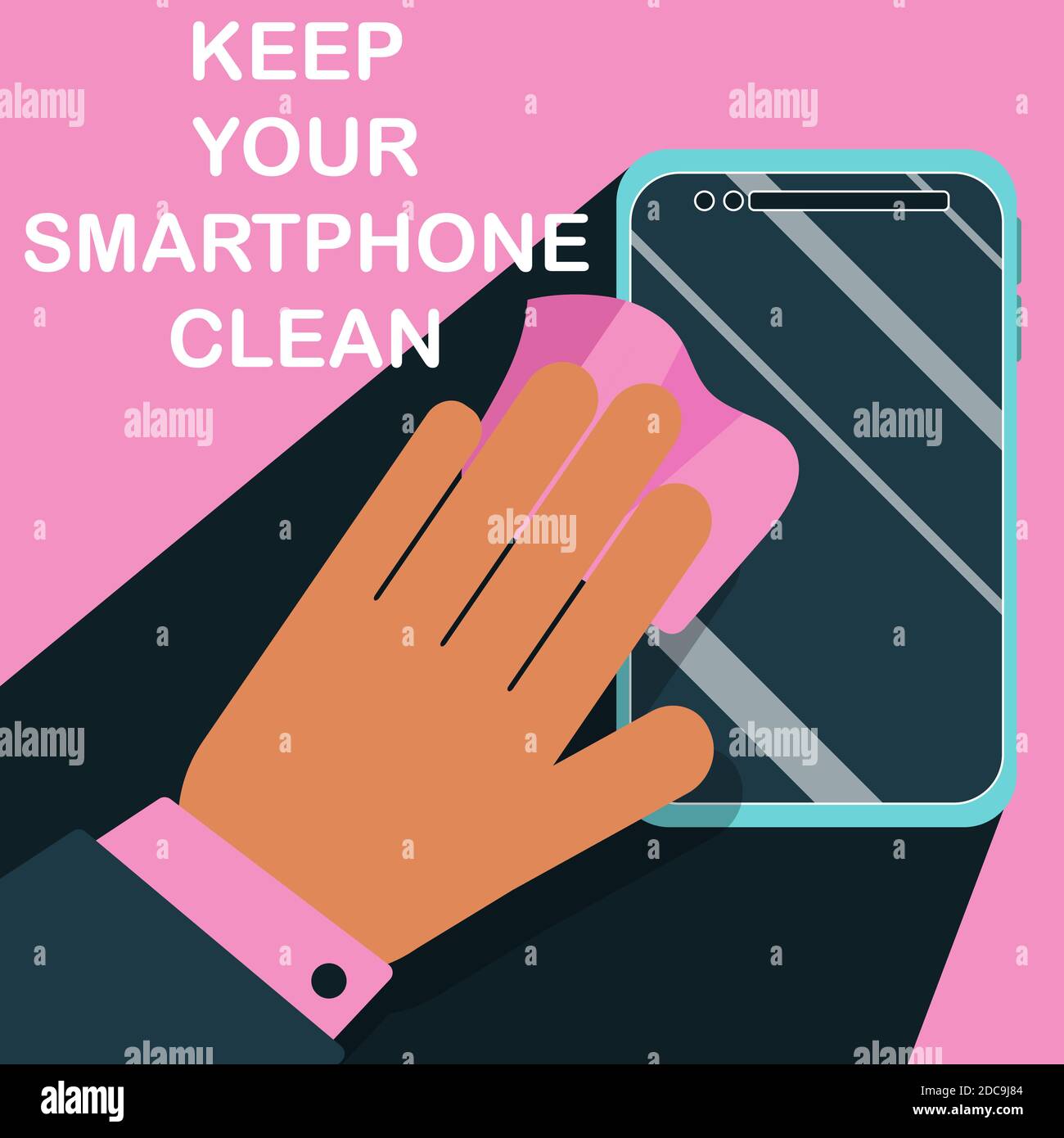 Keep your smartphone clean concept vector illustration. Gadget desinfection, sanitary, hygienic rules. Hand clean mobile phone screen with antiseptic damp cloth. Stock Vector