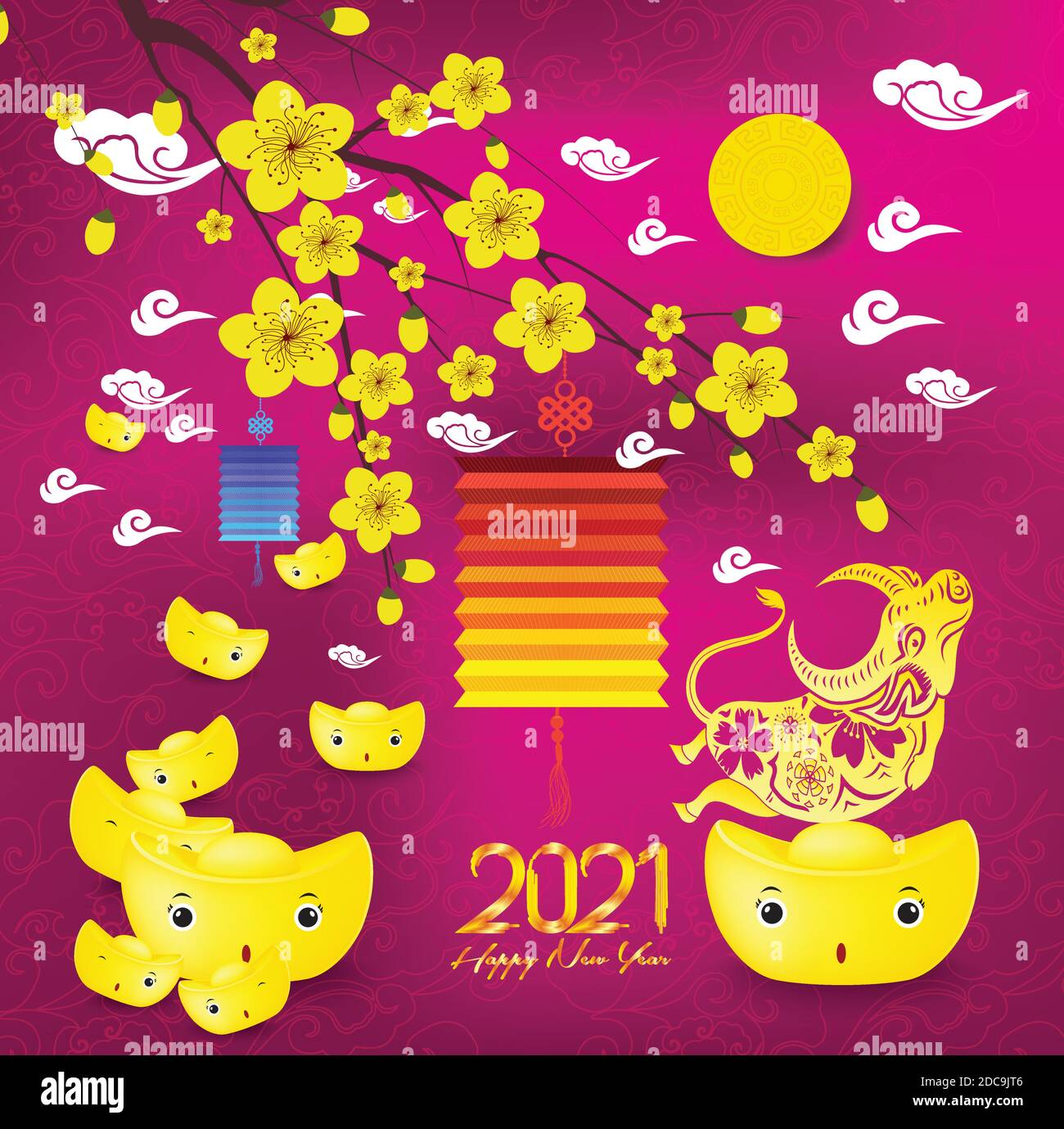 Oriental Happy Chinese New Year 2021 gold ingots design. Year of the Ox