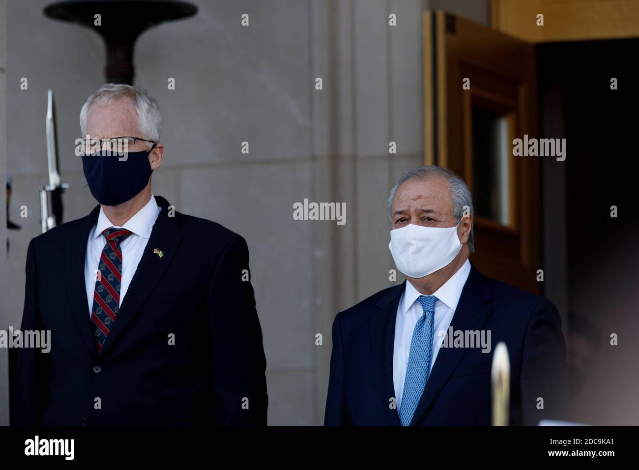 Arlington, USA. 19th Nov, 2020. U.S. Acting Secretary of Defense Christopher Miller (L) welcomes Uzbek Foreign Minister Abdulaziz Kamilov at the Pentagon in Arlington, Virginia, the United States, on Nov. 19, 2020. Credit: Ting Shen/Xinhua/Alamy Live News Stock Photo