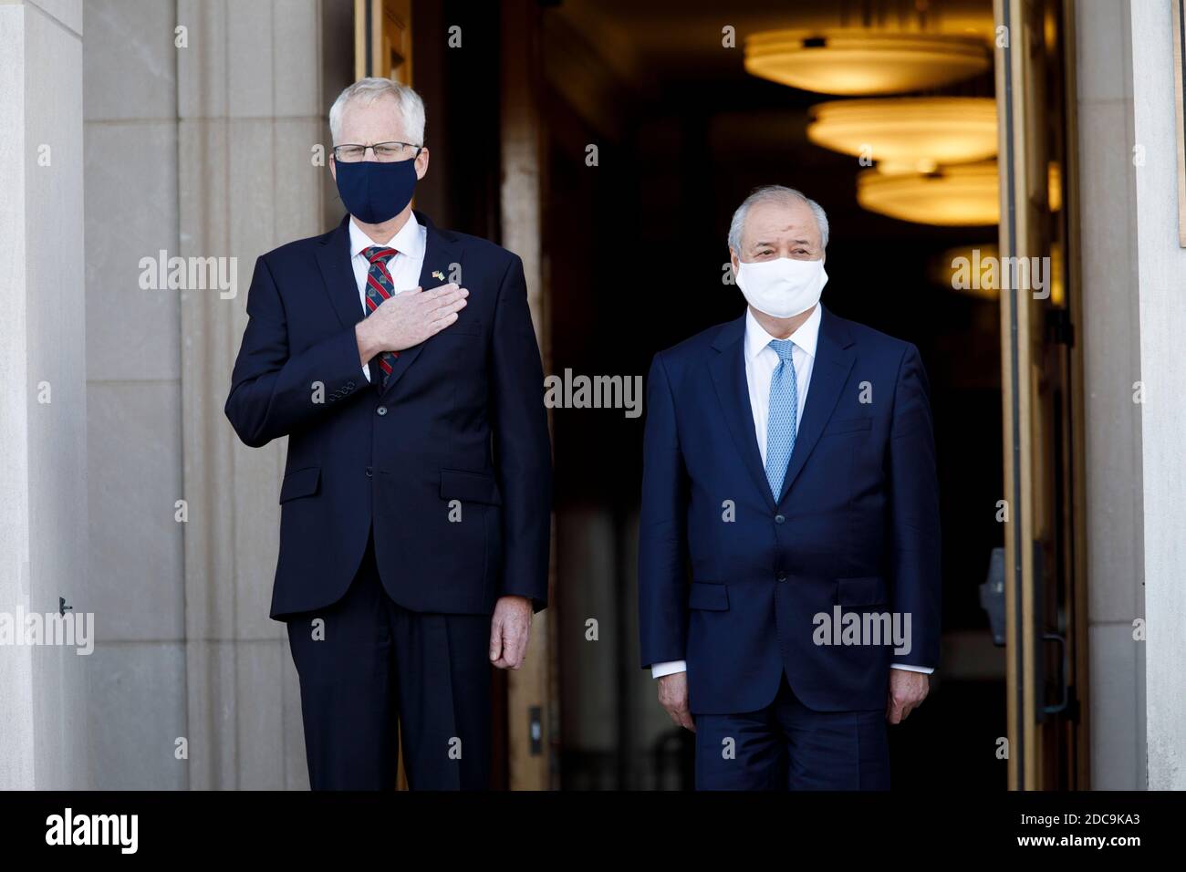 Arlington, USA. 19th Nov, 2020. U.S. Acting Secretary of Defense Christopher Miller (L) welcomes Uzbek Foreign Minister Abdulaziz Kamilov at the Pentagon in Arlington, Virginia, the United States, on Nov. 19, 2020. Credit: Ting Shen/Xinhua/Alamy Live News Stock Photo