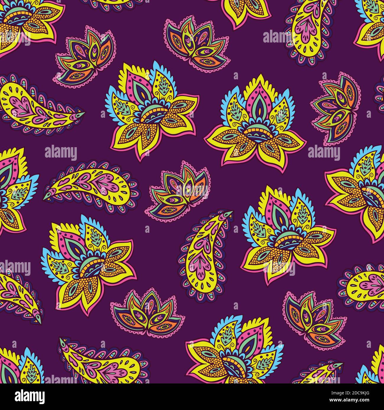 Bright seamless psychedelic pattern with floral and paisley elements Stock Vector