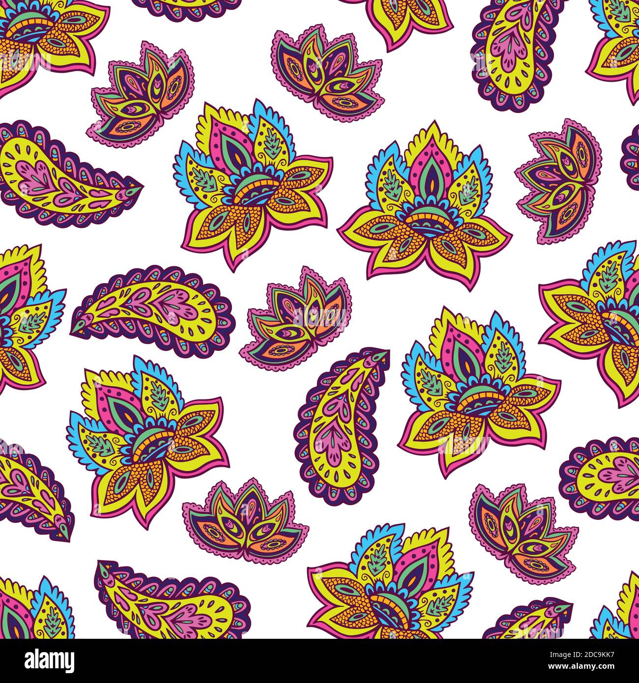 Bright seamless psychedelic pattern with floral and paisley elements Stock Vector