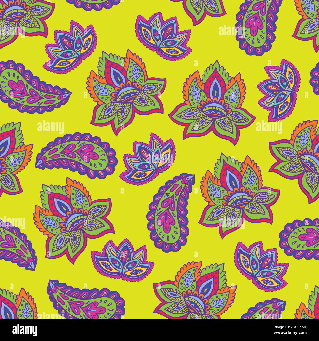 Bright seamless psychedelic pattern with floral and paisley elements Stock Vector
