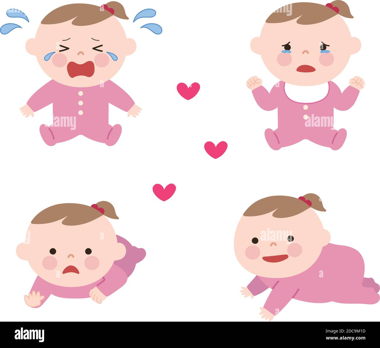 Expressive baby girls wearing pink baby clothes. Vector illustration isolated on white background. Stock Vector