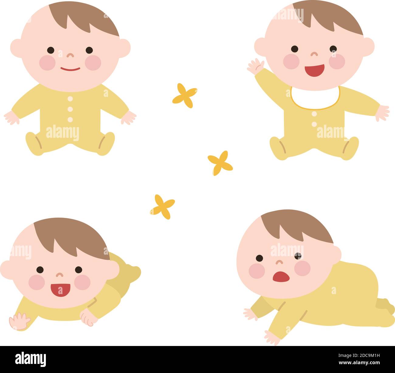 Healthy babies wearing yellow baby clothes. Vector illustration