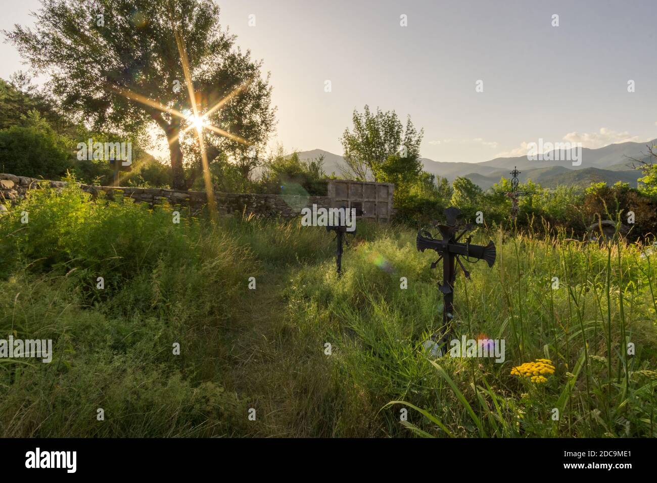Sunset at abandoned grave yard in spain Stock Photo
