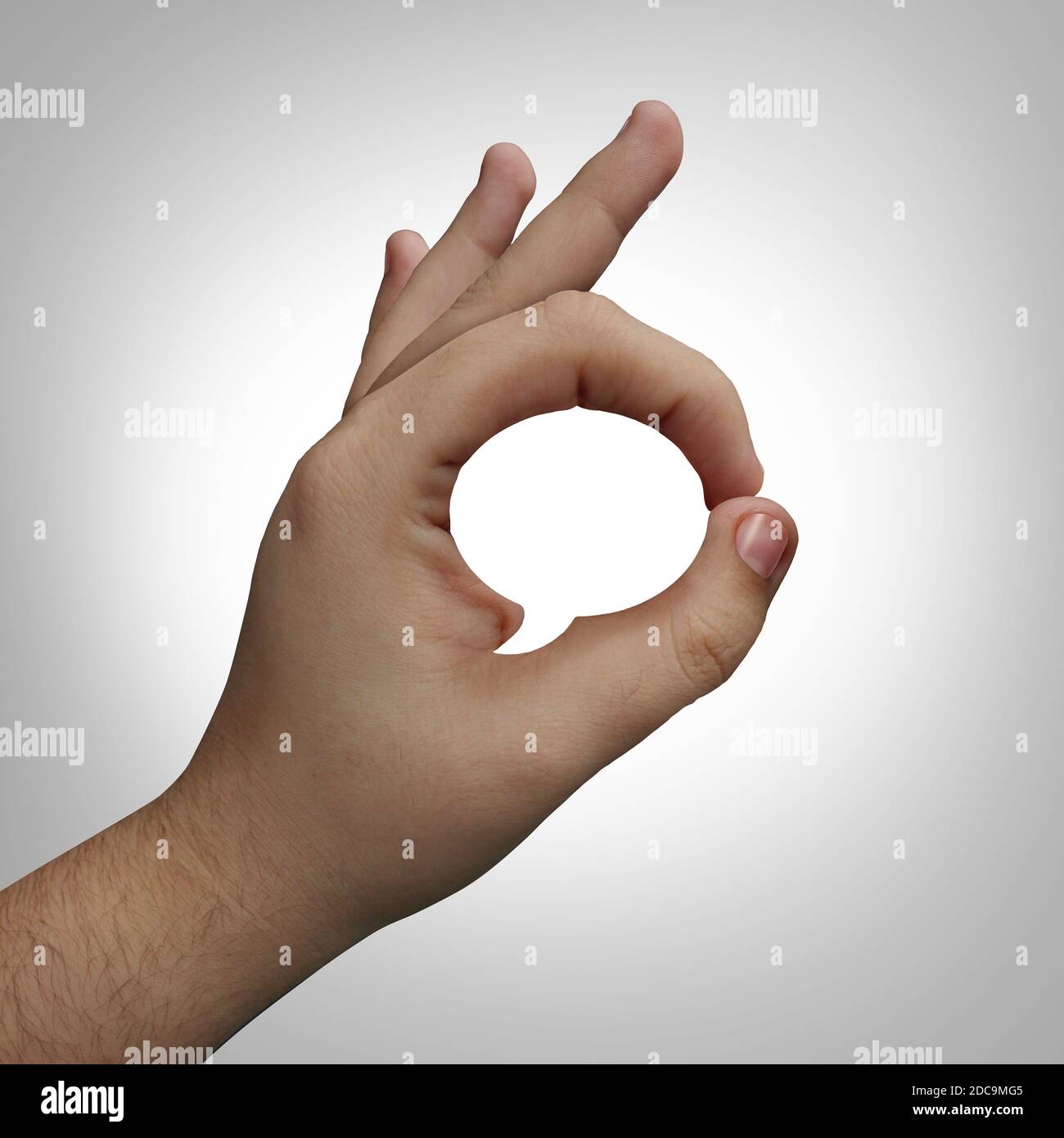 Body language concept and non-verbal or nonverbal communication with a hand making a gesture shaped as a word or speech bubble or deaf culture. Stock Photo