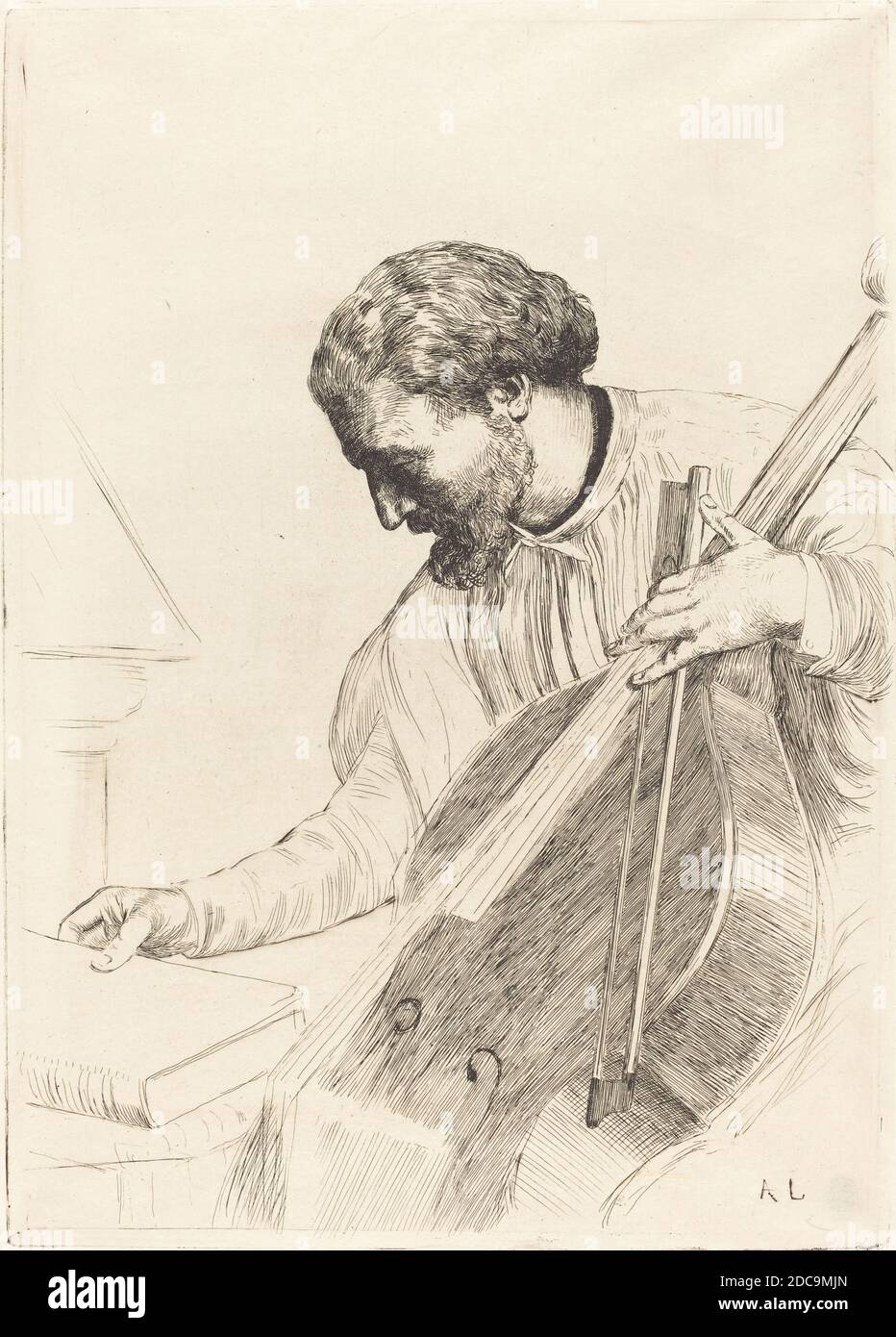 Alphonse Legros, (artist), French, 1837 - 1911, Contre-bass Player (Le joueur de contre-basse), etching Stock Photo