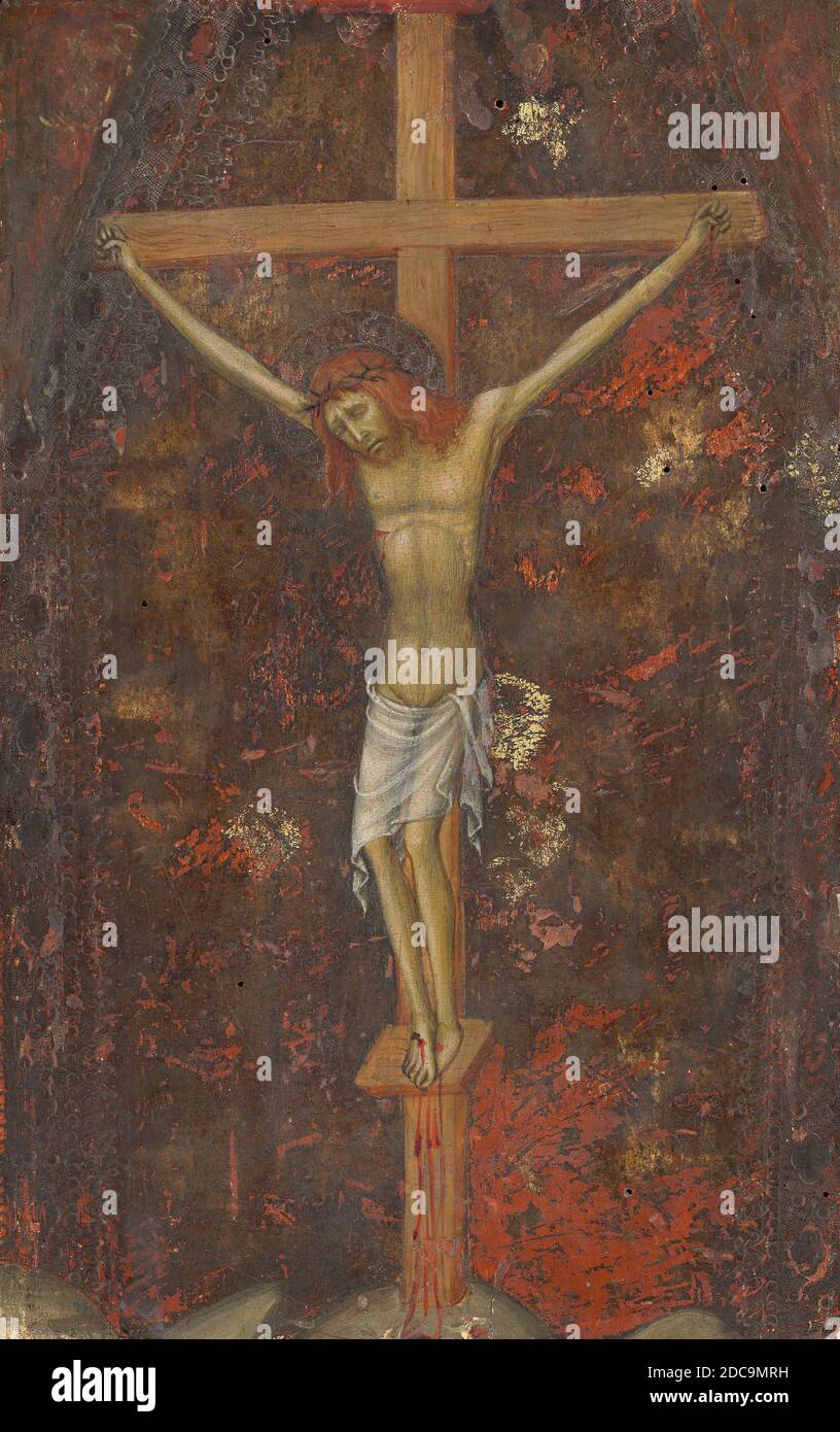 Andrea di Bartolo, (painter), Sienese, active from 1389 - died 1428, Christ on the Cross, c. 1380/1390, tempera on panel, painted surface: 30 × 18.6 cm (11 13/16 × 7 5/16 in.), overall: 30 × 18.6 × 0.8 cm (11 13/16 × 7 5/16 × 5/16 in.), framed: 52.7 x 34.3 x 7.9 cm (20 3/4 x 13 1/2 x 3 1/8 in Stock Photo