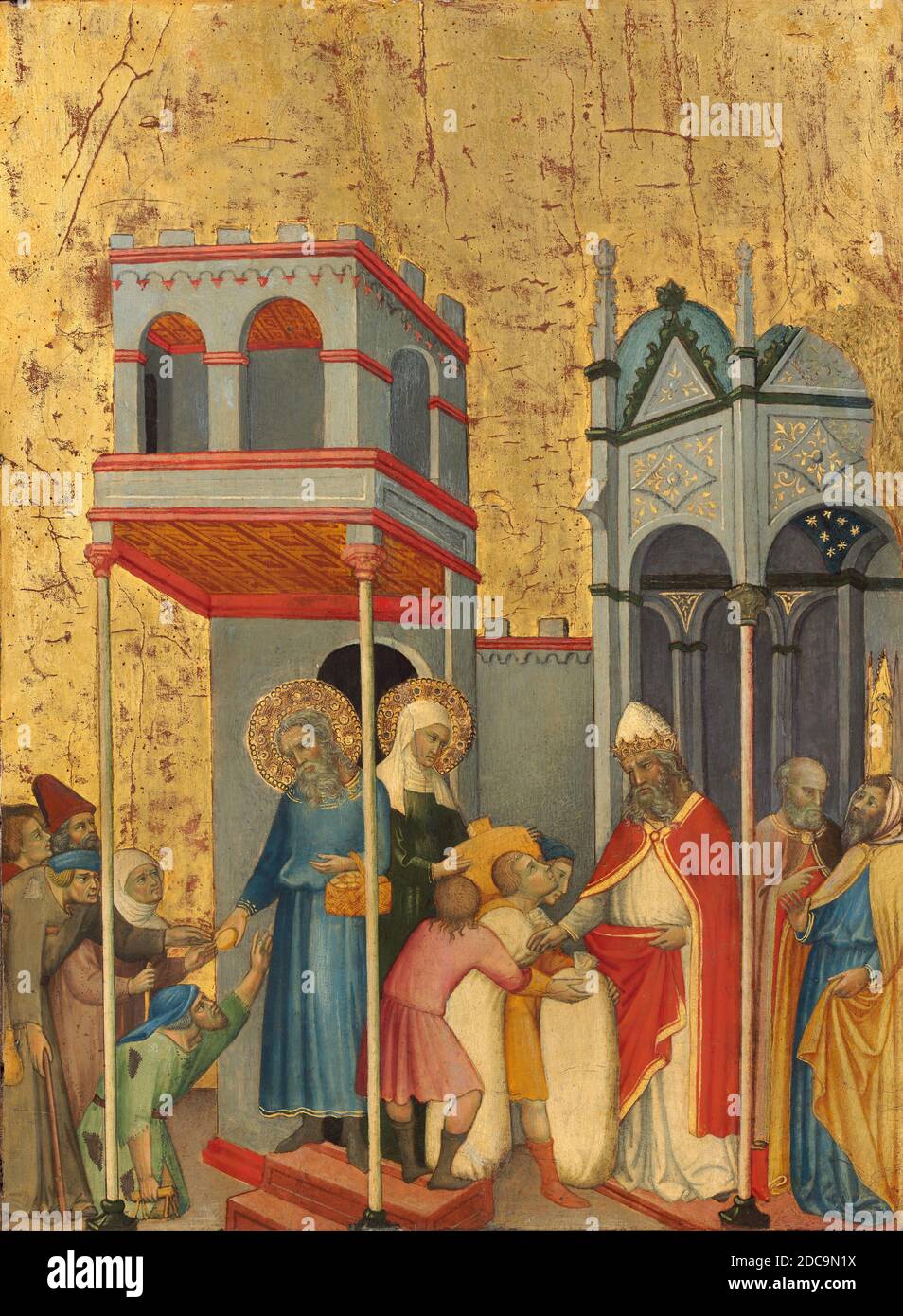 Andrea di Bartolo, (artist), Sienese, active from 1389 - died 1428, Joachim and Anna Giving Food to the Poor and Offerings to the Temple, c. 1400/1405, tempera on poplar panel, painted surface: 44.1 × 32.5 cm (17 3/8 × 12 13/16 in.), overall: 45.7 × 34 × 0.6 cm (18 × 13 3/8 × 1/4 in.), framed: 48.3 x 36.8 x 4.1 cm (19 x 14 1/2 x 1 5/8 in Stock Photo