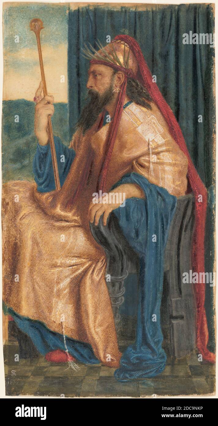 Simeon Solomon, (artist), British, 1840 - 1905, King Solomon, 1872 or 1874, egg tempera (?) with touches of varnish on paper mounted to board, Overall: 39.5 x 21.5 cm (15 9/16 x 8 7/16 in.), mat: 55.9 x 40.6 cm (22 x 16 in Stock Photo