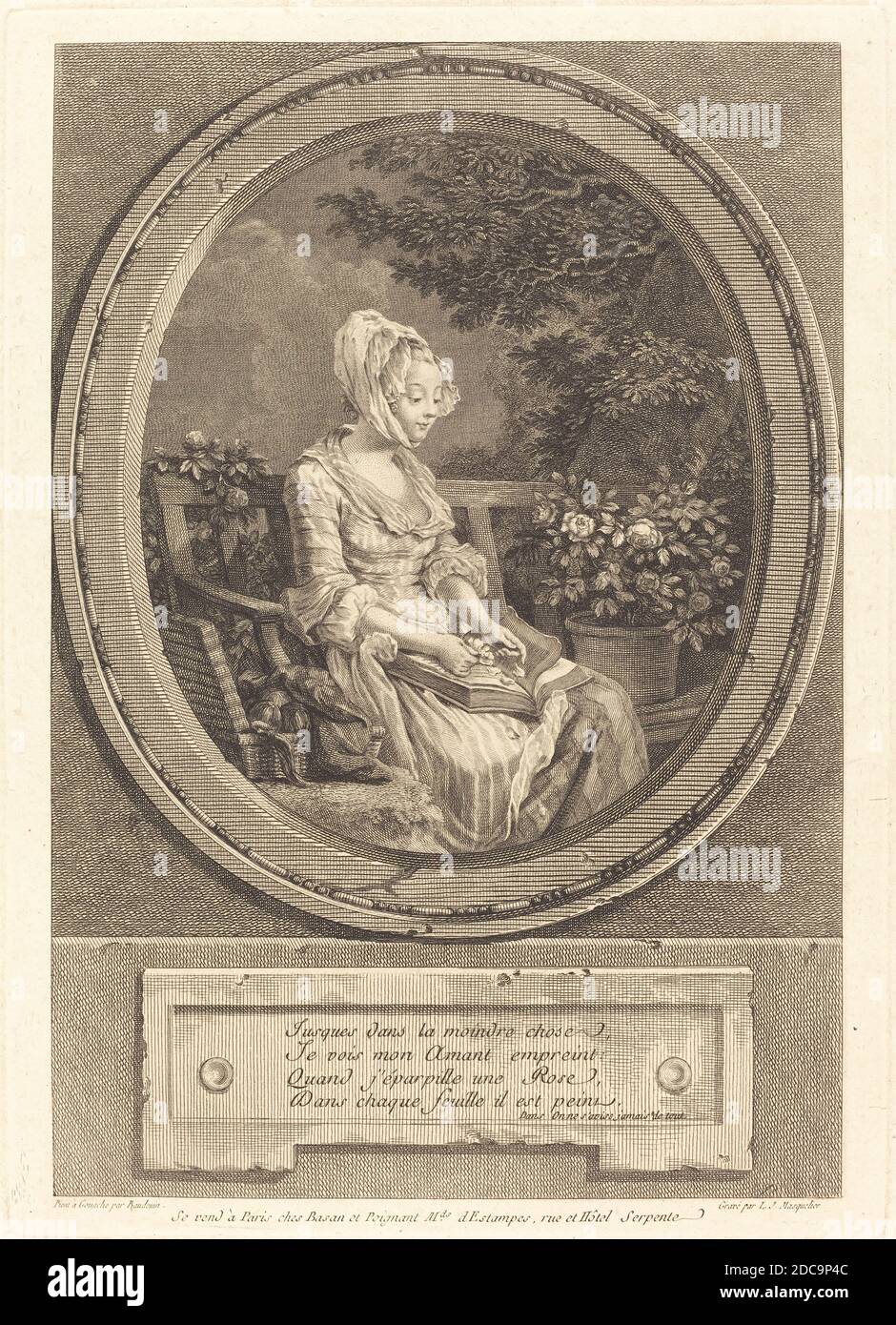 Louis-Joseph Masquelier, (artist), French, 1741 - 1811, Pierre-Antoine Baudouin, (artist after), French, 1723 - 1769, Jusques dans la moindre chose, 1774, etching and engraving Stock Photo