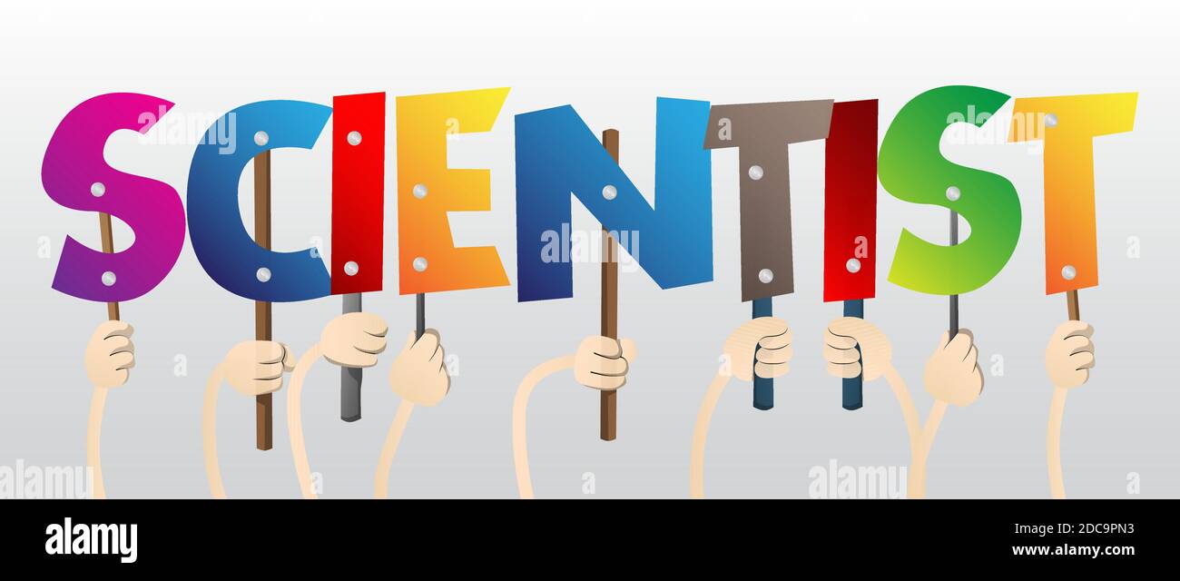 Diverse hands holding letters of the alphabet created the word Scientist. Vector illustration