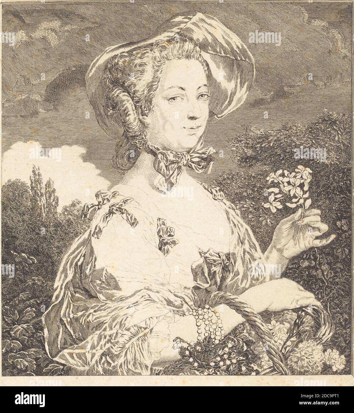 Jean-Louis Anselin, (artist), French, 1754 - 1823, Carle Van Loo, (artist after), French, 1705 - 1765, La Marquise de Pompadour en belle jardiniere, etching Stock Photo