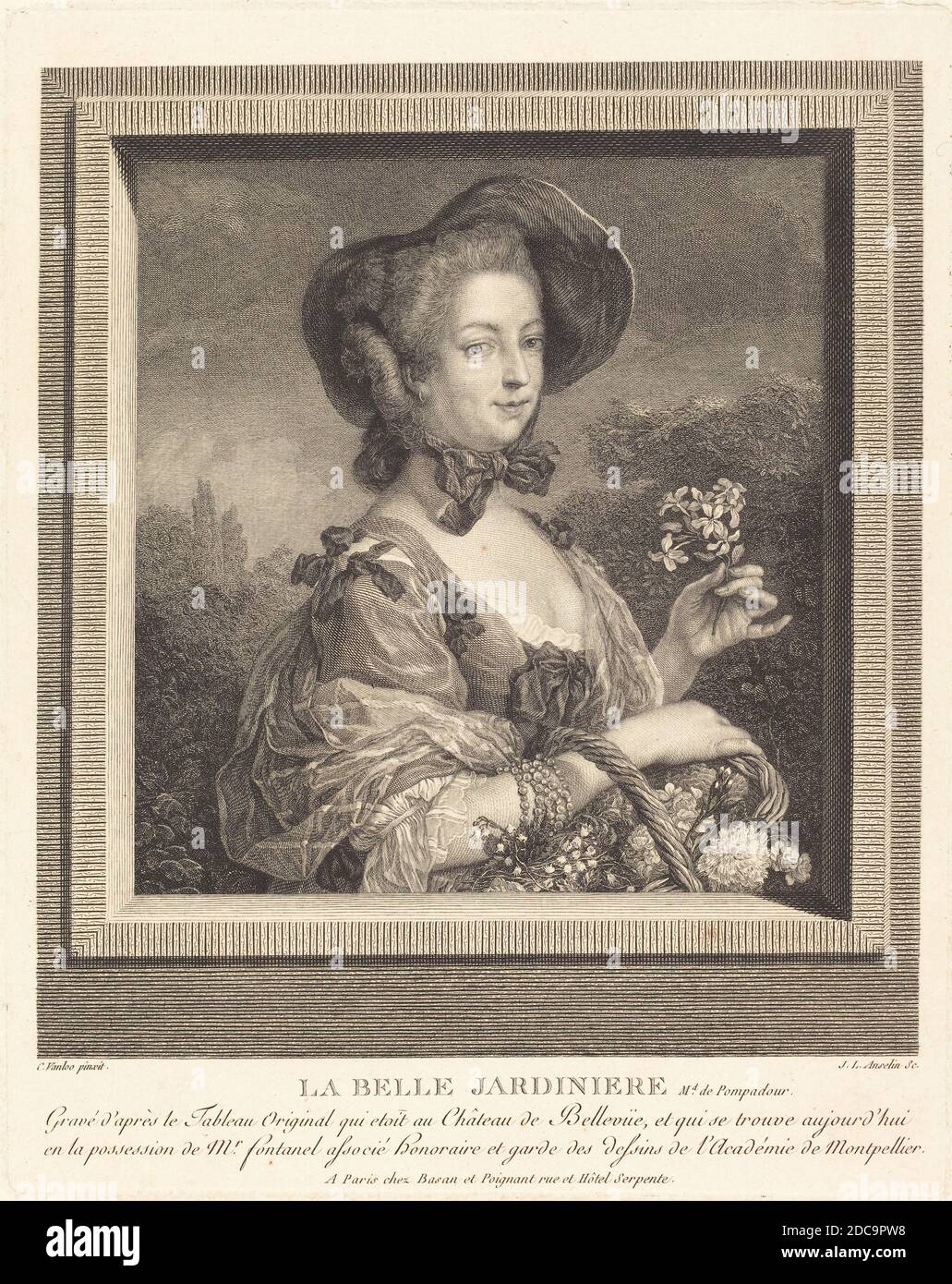 Jean-Louis Anselin, (artist), French, 1754 - 1823, Carle Van Loo, (artist after), French, 1705 - 1765, La Marquise de Pompadour en belle jardiniere, etching Stock Photo