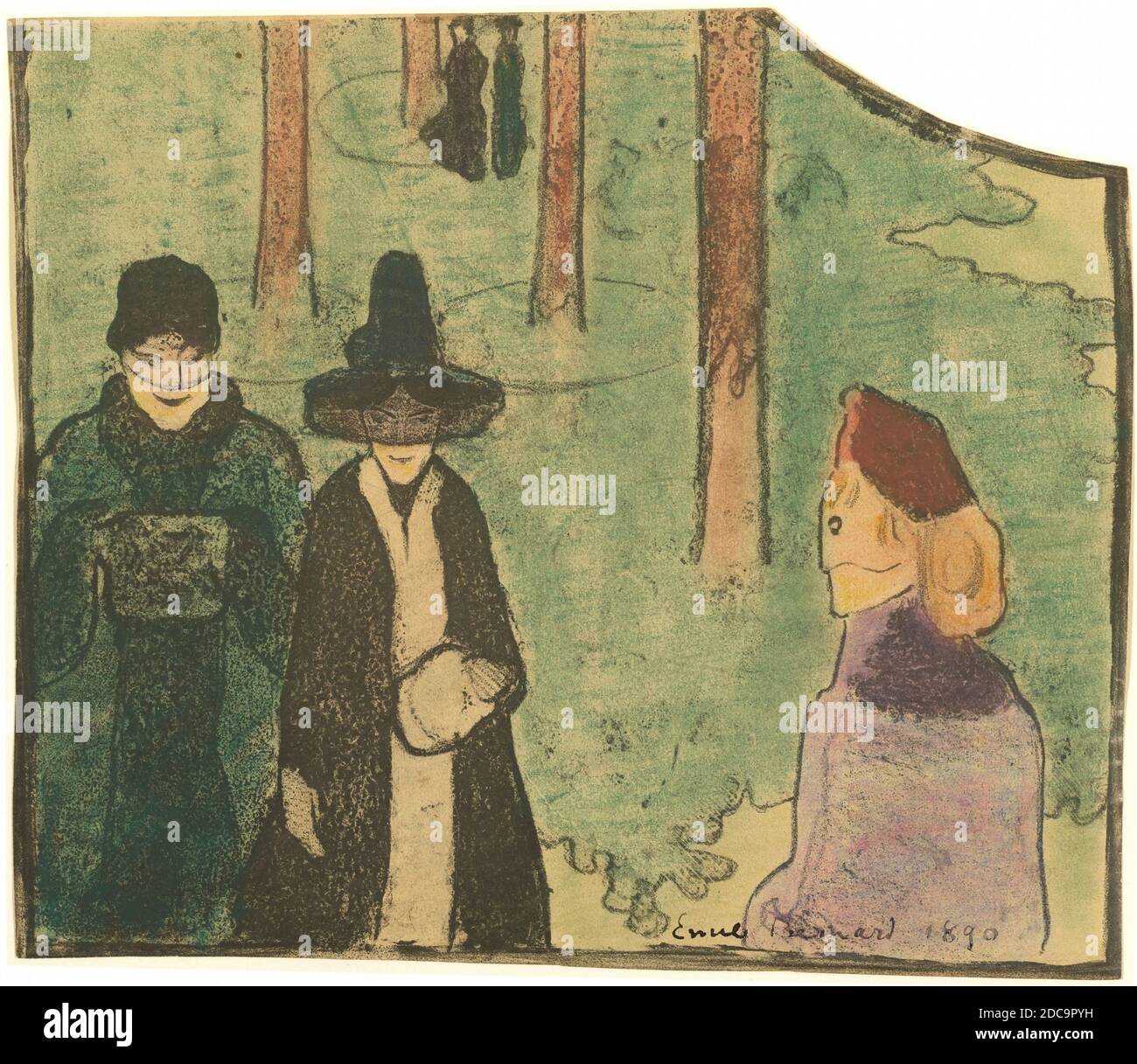 Emile Bernard, (artist), French, 1868 - 1941, In the Woods, 1890, hand-colored lithograph (zinc), sheet (trimmed to image): 19.7 x 23.1 cm (7 3/4 x 9 1/8 in Stock Photo