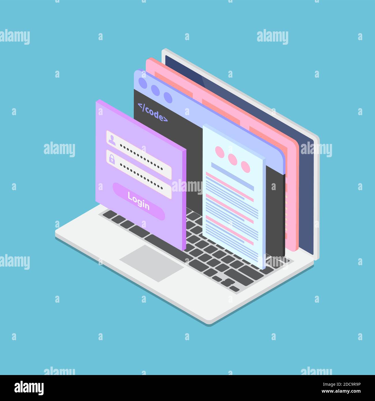 Flat 3d Isometric Web Interface with Adaptive layout Webpage on Laptop Screen. Web Customization and Development Concept. Stock Vector