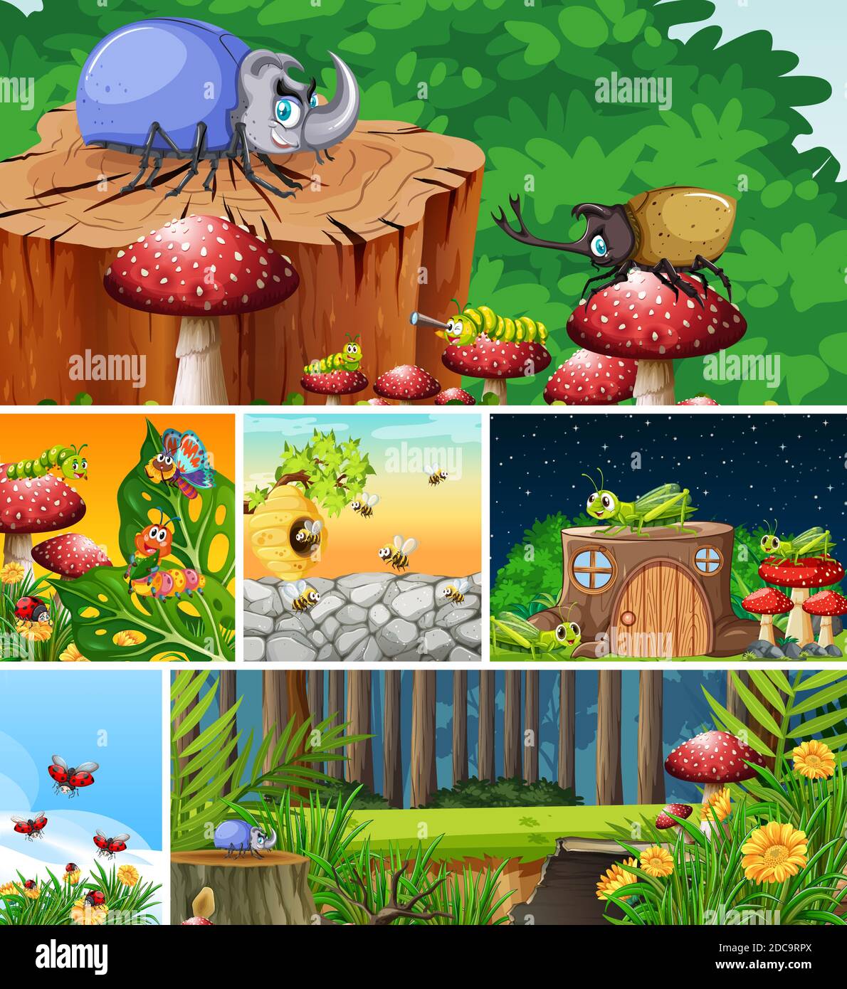 Set of different insects living in the garden background illustration