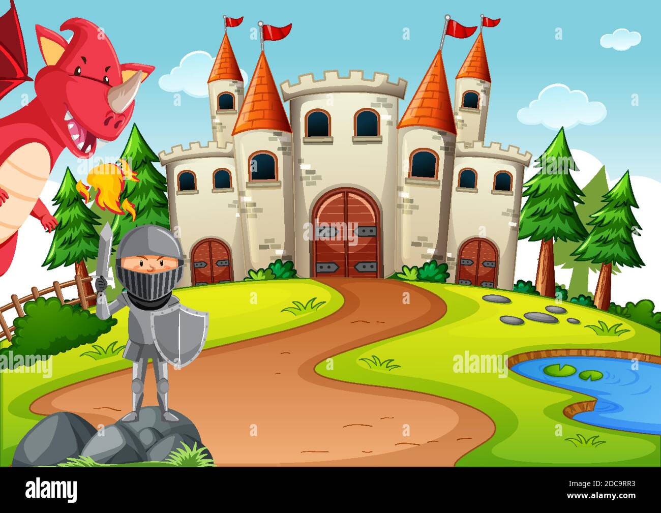 Knight with dragon in fairytale land scene illustration Stock Vector ...