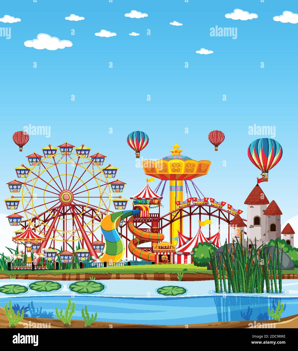 Amusement park with swamp scene at daytime with blank bright blue sky ...